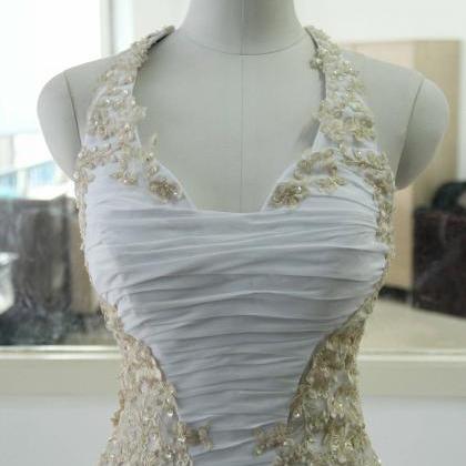 Halter Chiffon Lace Applique Wedding Dress Ivory..