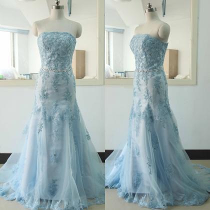 Strapless Blue Lace Mermaid Wedding Dress Lace..