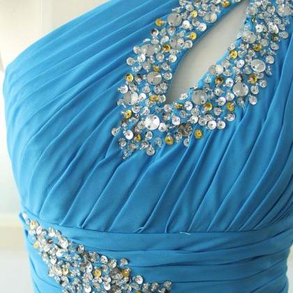 Bright Blue One Shoulder Chiffon Party Dress..