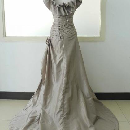 Grey Cap Sleeve Woman Taffeta Wedding Party Gown..