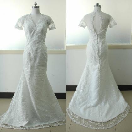 Short Sleeve Lace Mermaid Wedding Dress Ivory..