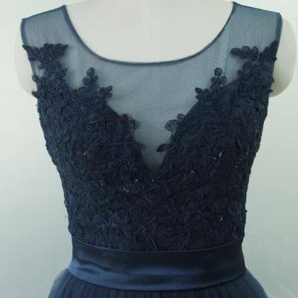Sleeveless Tulle Party Dress Navy Blue Lace..