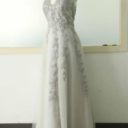 Gray A-line Lace Applique Wedding Dress V-neck..
