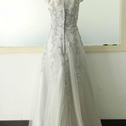 Gray A-line Lace Applique Wedding Dress V-neck..
