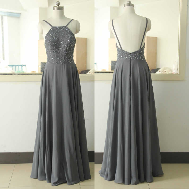 Grey Chiffon Party Dress Sequins Bridesmaid Dress Custom A-line Wedding Party Gown Sexy Halter Cocktail Lace Gowns