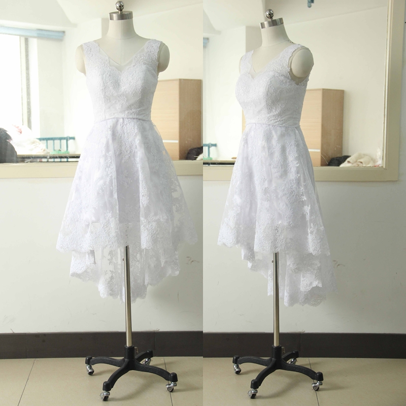 Short V-neck Lace Wedding Dress High-lower Lace Bridal Wedding Dress Floor Length Wedding Gowns Custom Us Size 0 2 4 6 8 10 12 14 16 18 ++