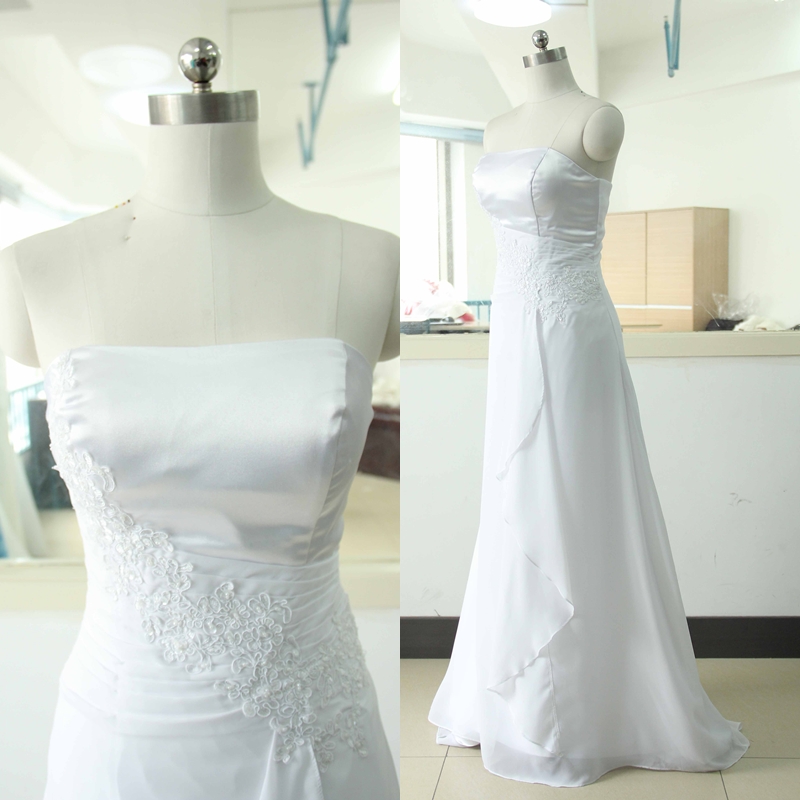 Strapless White Chiffon Bridesmaid Dress A-line Stock Satin Wedding Gown Beach Bridal Gowns A-line Wedding Dresses