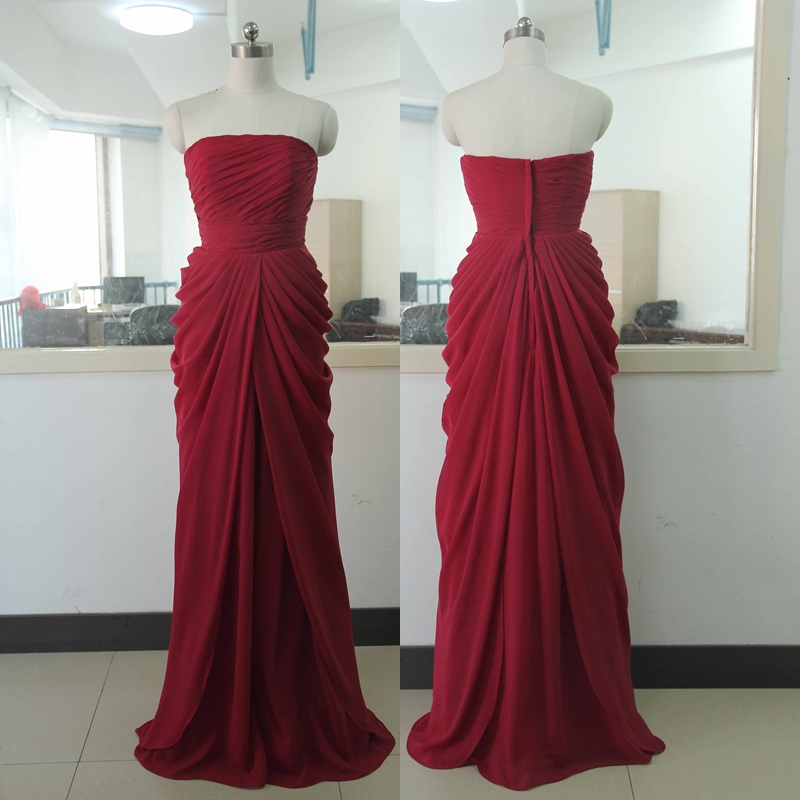 Strapless Chiffon Bridesmaid Dress Floor Length Bridesmaid Gown Custom Red Bridesmaid Dress Burgundy Bridesmaid Dresses Prom Party Gown Wedding