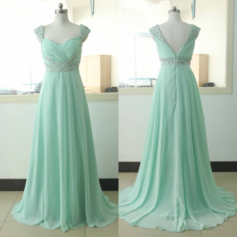 Mint Cap Sleeve Chiffon Party Dress Beading Sequins Bridesmaid Dress Peach Wedding Party Gown Sexy Backless Cocktail Gowns