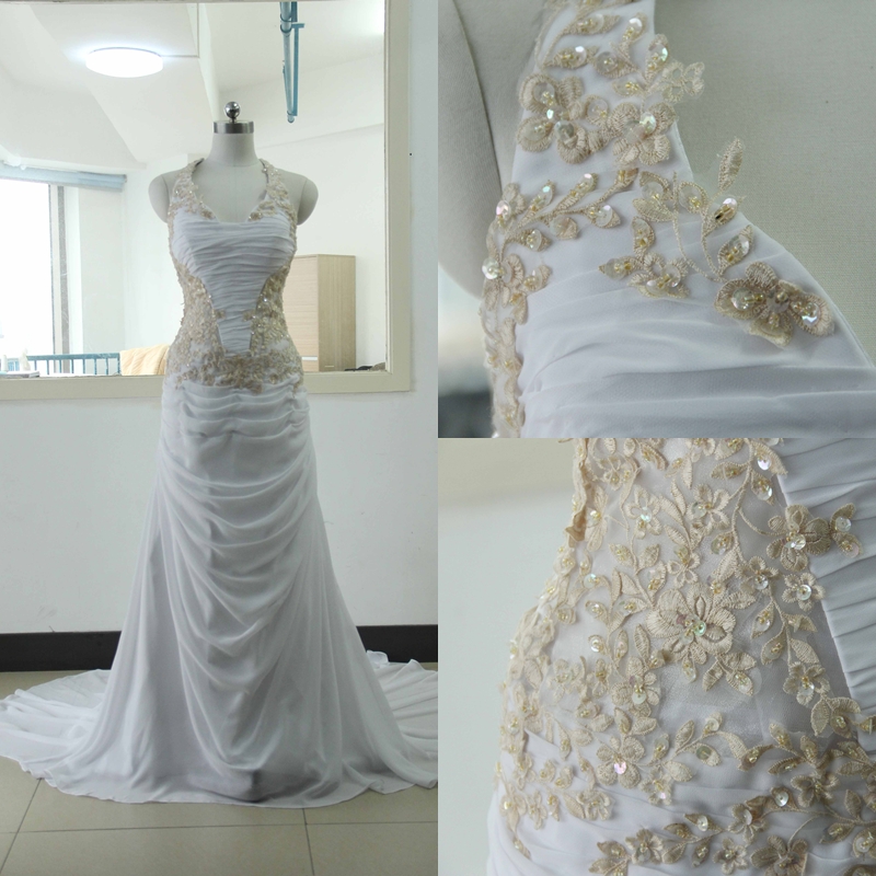 Halter Chiffon Lace Applique Wedding Dress Ivory A-line Chiffon Wedding Dress Ivory Lace Wedding Gowns Custom Us Size 0 2 4 6 8 10 12 14 16 18 ++