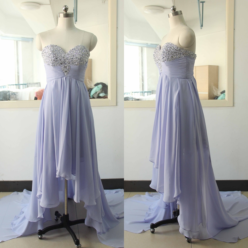 Lavender High-lower Prom Dress Beading Crystal Backless Evening Dress Custom Wedding Party Gown Sexy Sweetheart Bridal Wedding Party Gown