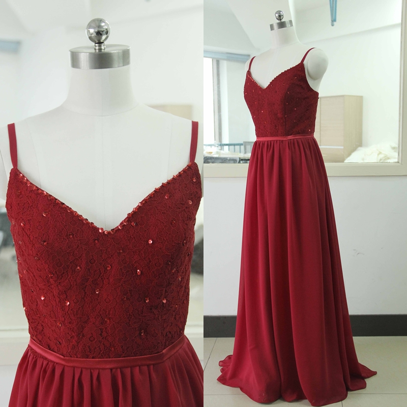 Spaghetti Straps Party Dress Chiffon Bridesmaid Burgundy Prom Dress Custom A-line Wedding Party Gown Sexy Red Cocktail Lace Gowns