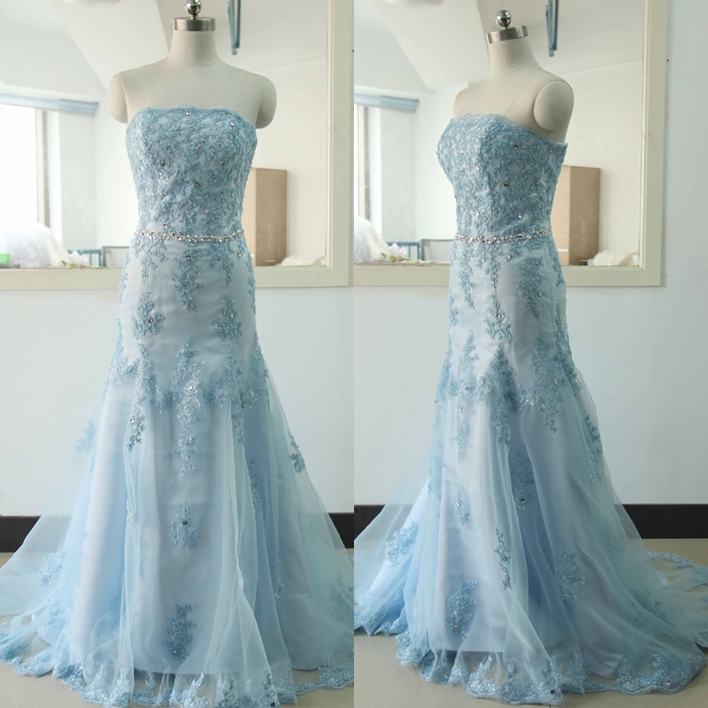Strapless Blue Lace Mermaid Wedding Dress Lace Wedding Dress Mermaid Beading Wedding Gowns Custom Us Size 0 2 4 6 8 10 12 14 16 18 ++
