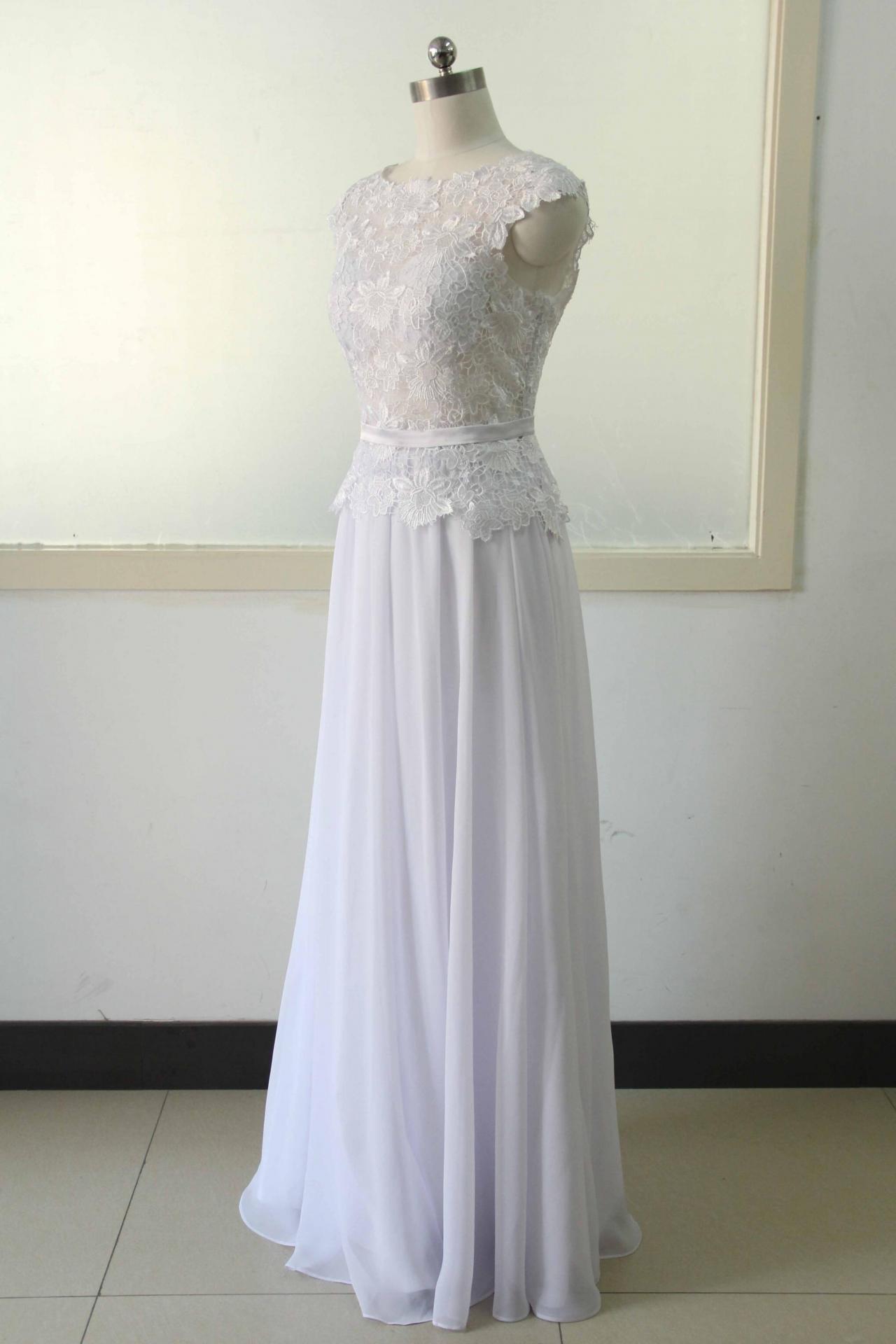 Lace and Chiffon Long Dress with Cap Sleeves White