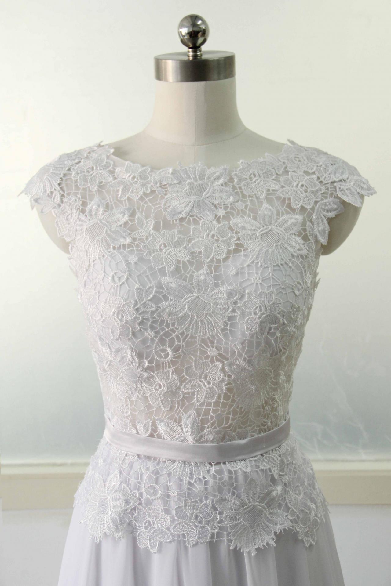 Cap Sleeve Chiffon Lace Party Dress White Lace Bridesmaid Dress Custom ...