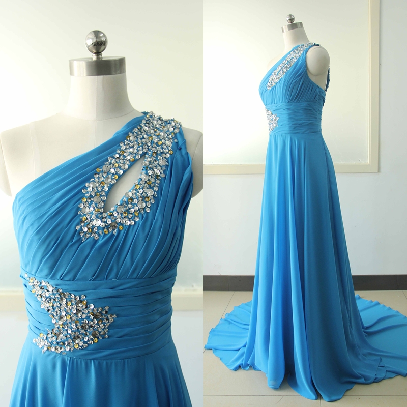 Bright Blue One Shoulder Chiffon Party Dress Beading Sequins Bridesmaid Dress Custom Blue Wedding Party Bridesmaid Gown Sexy Cocktail Gowns