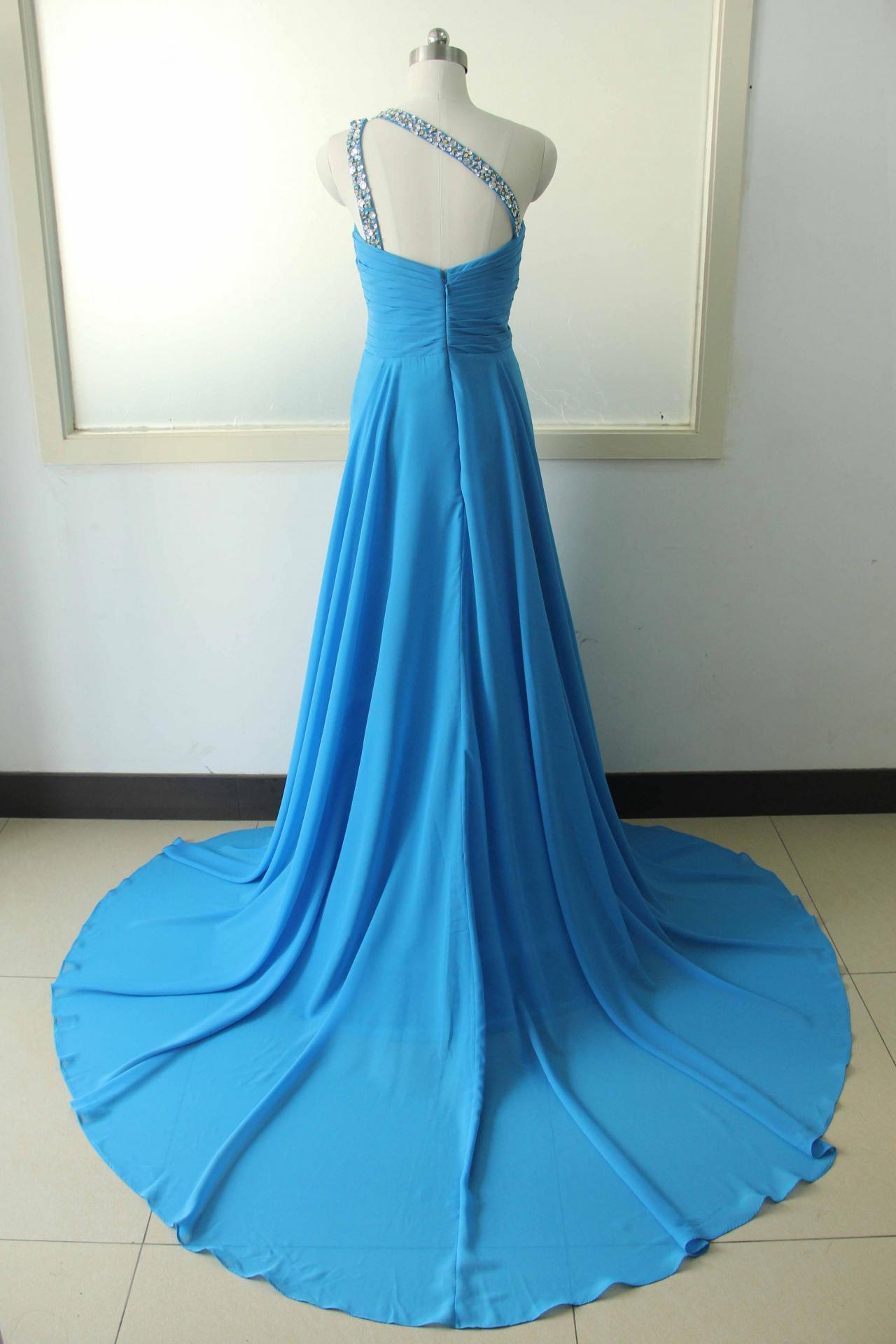 Bright Blue One Shoulder Chiffon Party Dress Beading Sequins Bridesmaid ...