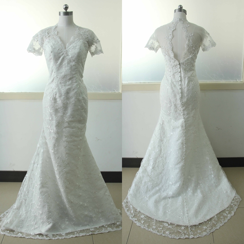 Short Sleeve Lace Mermaid Wedding Dress Ivory Wedding Dress Mermaid V-neck Beading Wedding Gowns Custom Us Size 0 2 4 6 8 10 12 14 16 18 ++