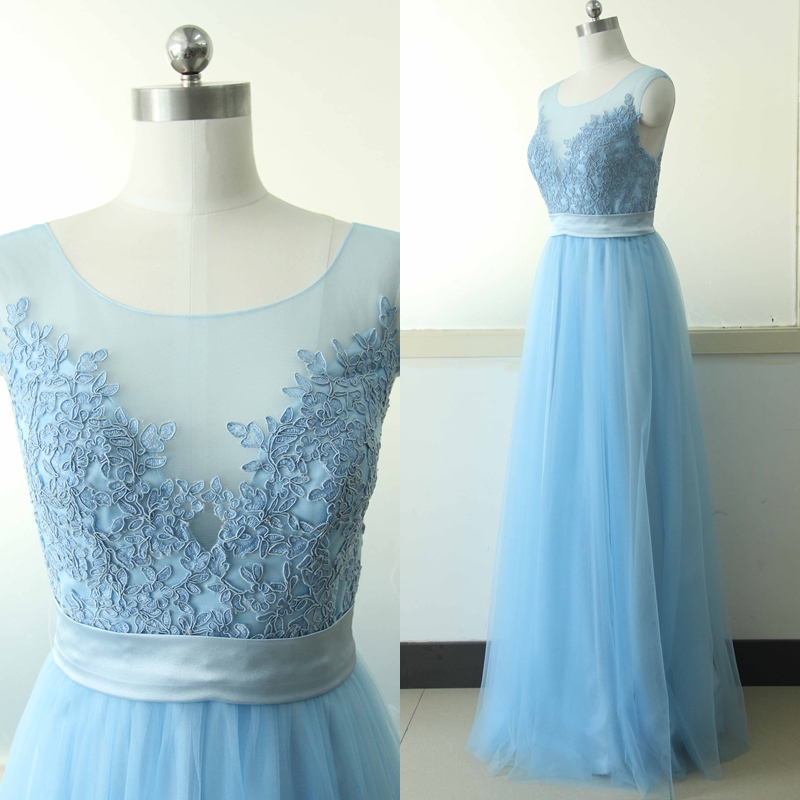 Sheer Applique A-line Long Tulle Prom Dress With Plunging Neckline