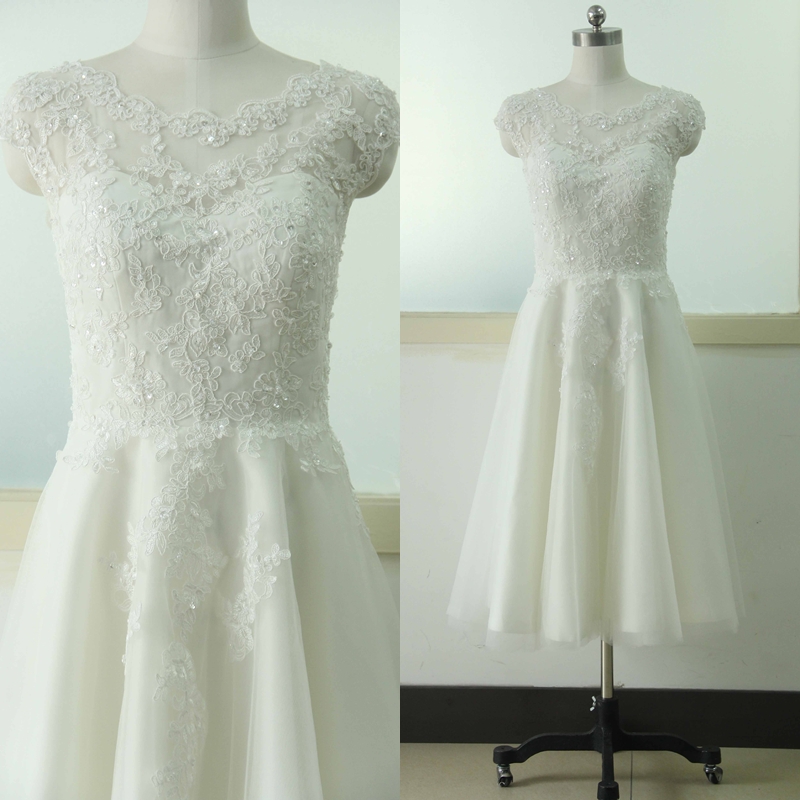 Cap Sleeve A-line Lace Wedding Dress Knee-length Bridal Wedding Dress Beading Sequins Ivory Wedding Gowns Custom Us Size 0 2 4 6 8 10 12 14 16 18