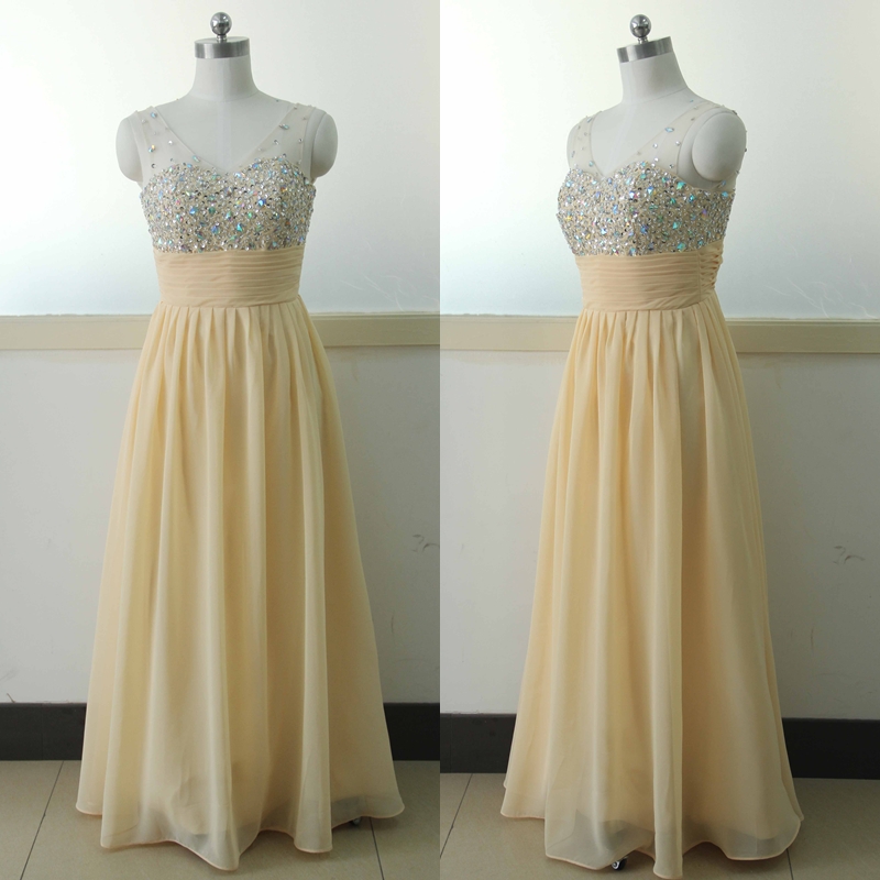Yellow V-neck Chiffon Party Dress Beading Sequins Bridesmaid Dress Custom Crystal Wedding Party Gown Sexy Cocktail Gowns