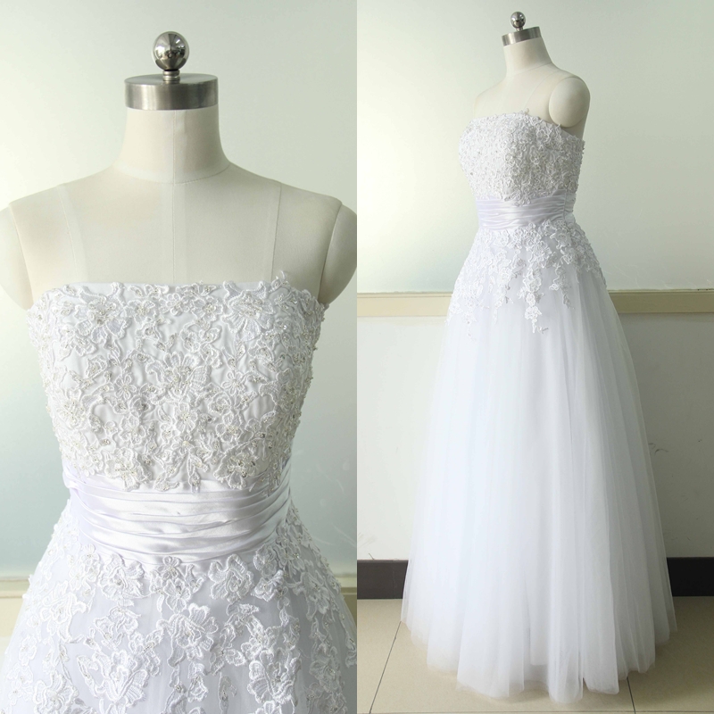 White Lace Wedding Dress Strapless Lace Wedding Gowns Tulle Bridal Wedding Gowns A-line Wedding Dress