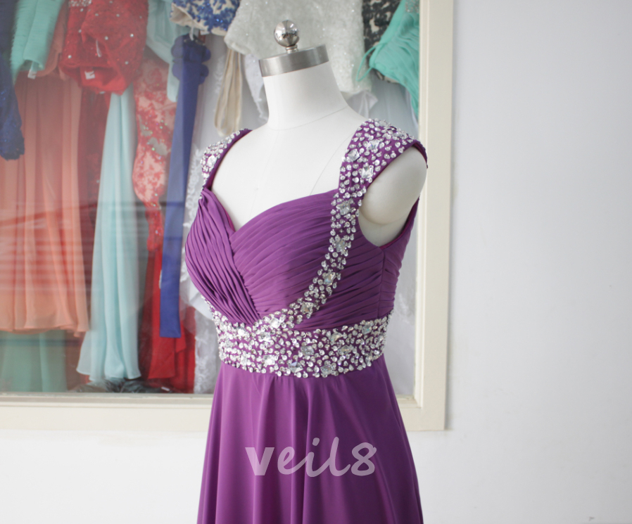 Purple Cap Sleeve Chiffon Party Dress Beading Sequins Bridesmaid Dress ...