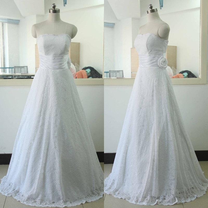 Strapless Lace Wedding Dress White A-line Lace Wedding Dress Ivory ...