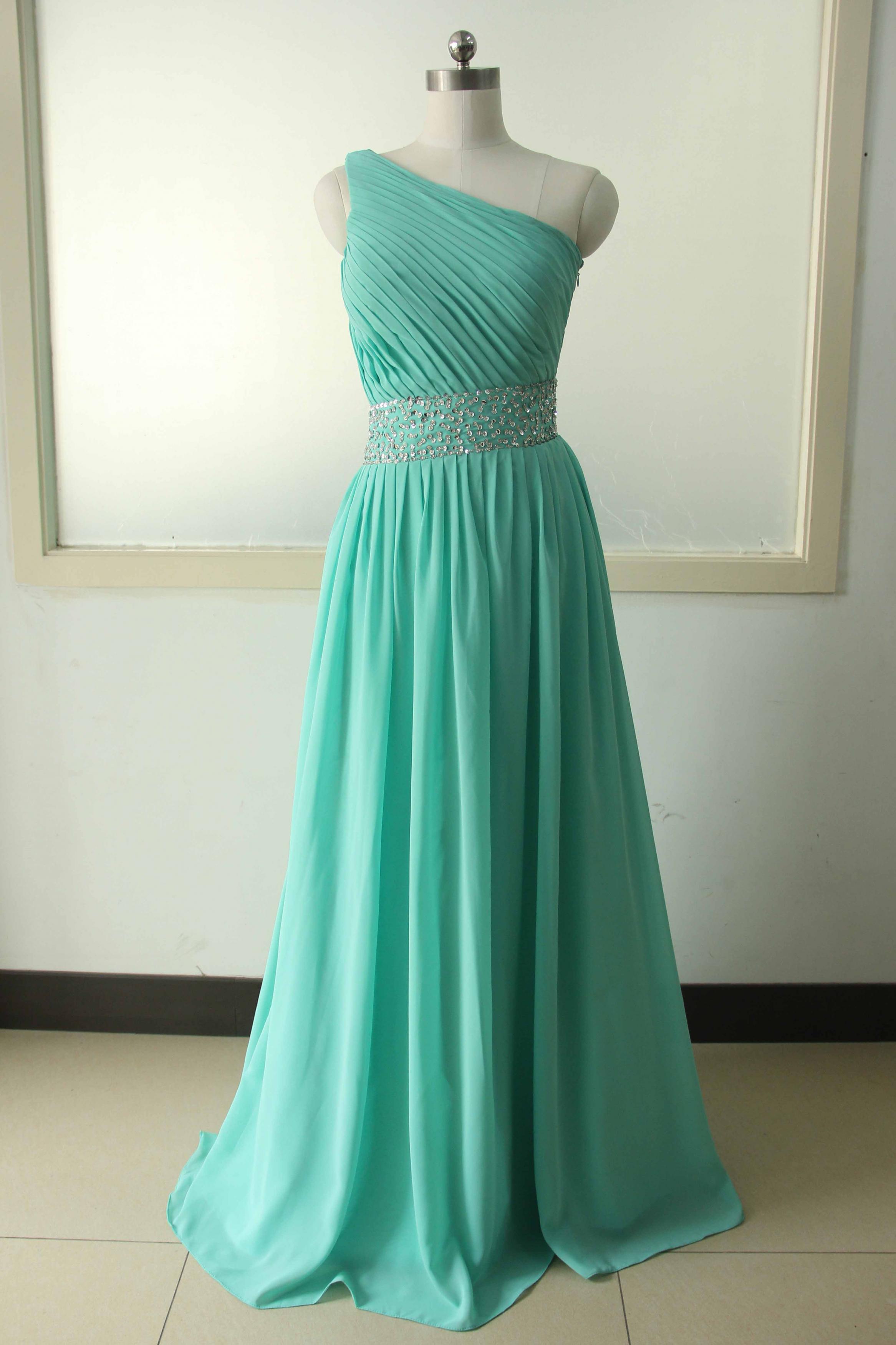 One Shoulder Turquoise Beading Sequins Chiffon Party Dress Sequins ...