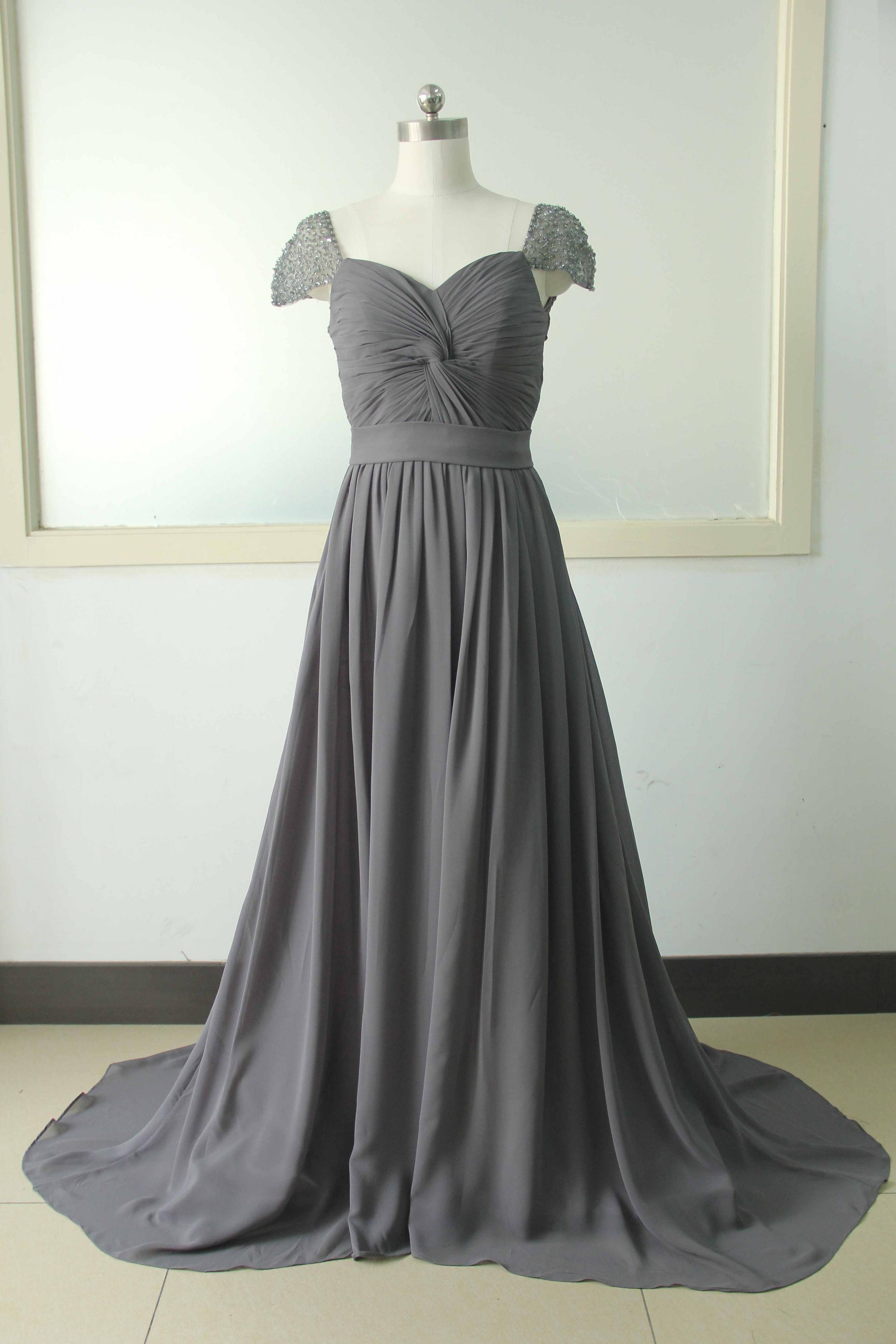 Gray Cap Sleeve Chiffon Party Dress Beading Sequins Bridesmaid Dress ...