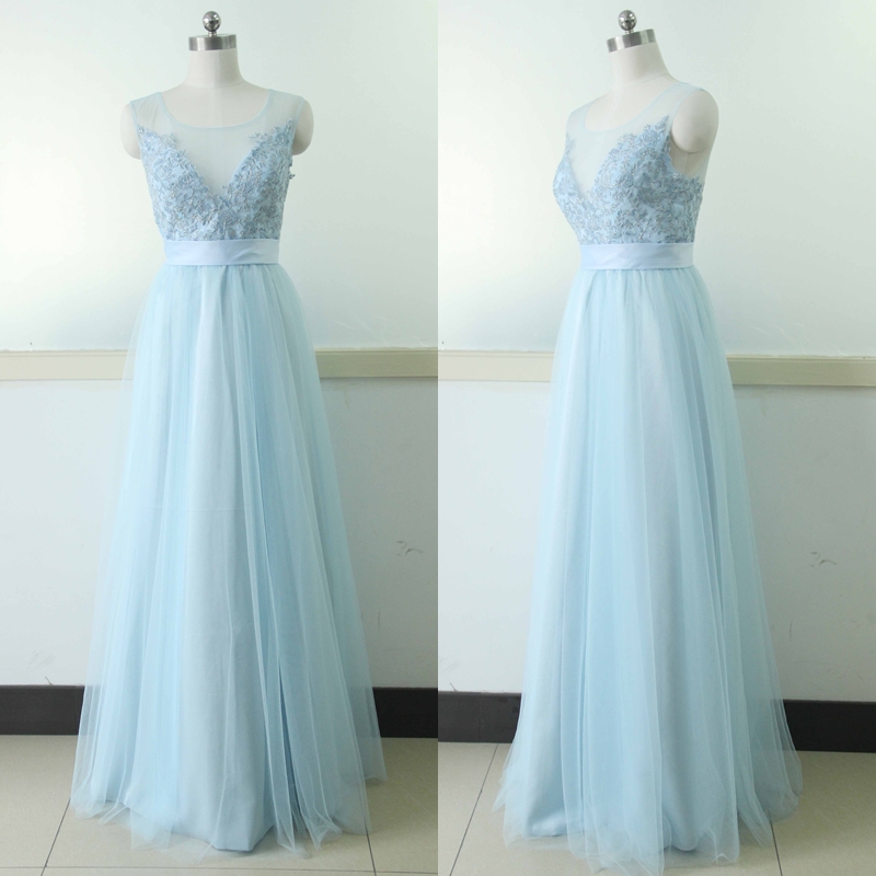 Sleeveless Tulle Party Dress Light Blue Lace Bridesmaid Prom Dress
